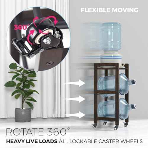 3-Tier 5 Gallon Water Jug Holder with Top Shelf ? 4 Metal Wheels or Adjustable Feet ? Natural Hardwood Water Dispenser Floor Stand ? Wooden Organizer for Kitchen, Office, Garage ? Space-Saving Design