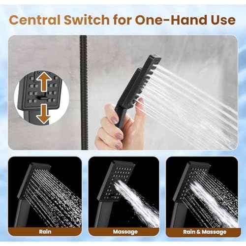 BRIGHT SHOWERS Rain Shower Head with Handheld Spray, High Pressure Square Showerhead Combo with Rainfall & Handheld, Detachable Dual Shower with Anti-Clog Nozzles, 60" Hose, Matte Black
