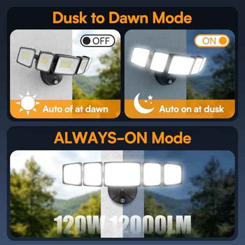 Onforu 120W 12000LM Dusk to Dawn Outdoor Lighting,5 Heads Flood Lights Outdoor,6500K Super Bright Outdoor Lighting,IP66 Waterproof Hardwired LED Security Lights for Garage,Yard,Outside