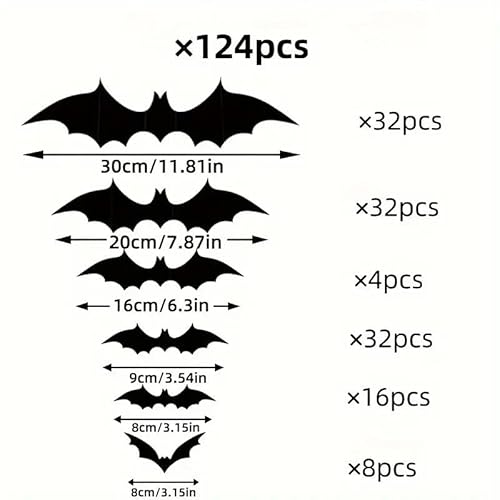 Boolavard 124pcs 3D Black Bat Wall Decals - Spooky Halloween Decor for Bars & Rooms, Perfect for Parties & Festive Creepy Props