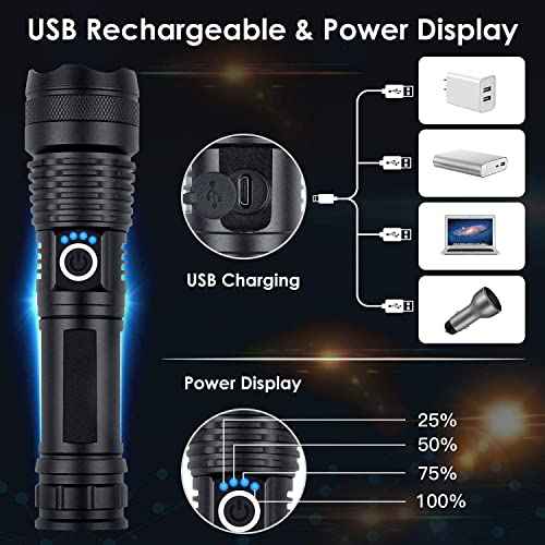 Rechargeable Flashlights High Lumens, 90000 Lumens Super Bright LED Flash Light, 5 Modes, IPX5 Waterproof Handheld Flash Light for Home, Emergencies, Camping