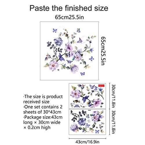 hanlongyu Purple Flower Wall Decals, Removable Fresh Flower Wall Stickers Peel and Stick Removable DIY Floral Butterflies Decals Tree Leaves Plant Wall Art Stickers Murals for Home Decor