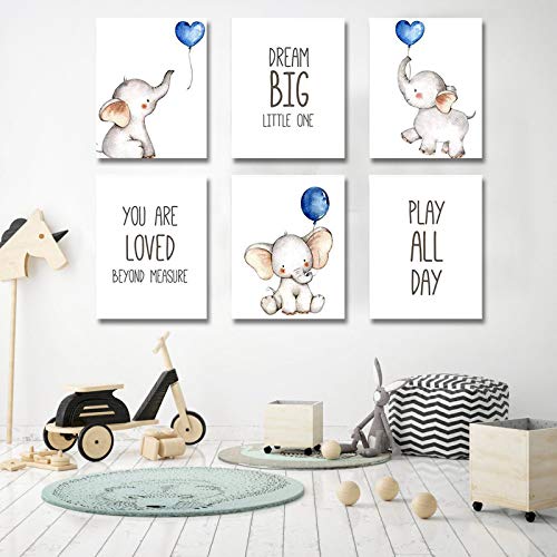 Set of 6 Unframed Baby Boy Wall Art Prints, Blue Elephant Wall Decor with Balloons for Boy's Room (8" x 10")