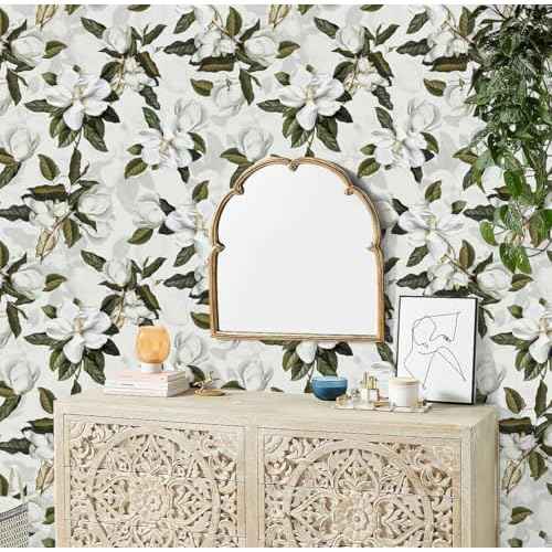 HAOKHOME Peel and Stick Gardenia Floral Wallpaper Removable Off White/Grey/Green Vinyl Self Adhesive Mural 17.7in x 9.8ft