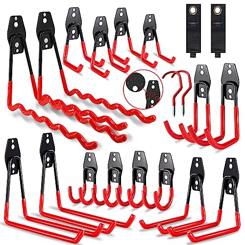 3-H Garage Wall Hooks 20 Pack, Garage Hooks Heavy Duty with Extra Welding Spots, Garage Organizer for Garden, Lawn, Chairs, Ladders, WeedEater, Shovel (Red)