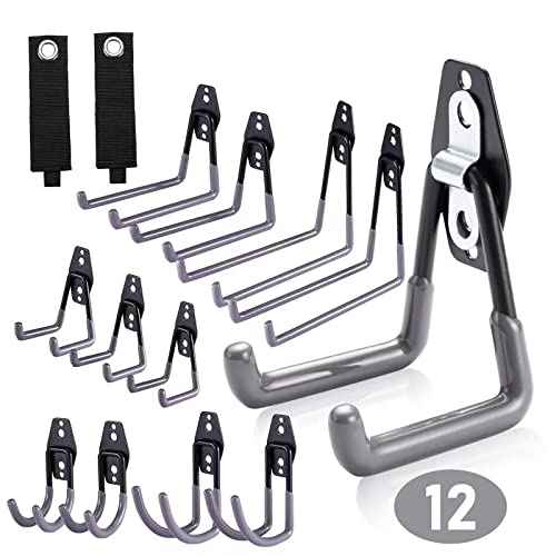 12 Pack Garage Hooks,Wall Hooks Heavy Duty for Home and Warehouse Tool Storage,Hanger Organizer with Steel Reinforced Piece Double Protect (12 Set)