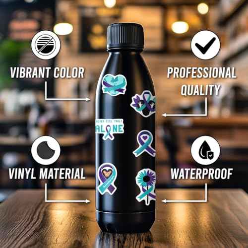 108 PCS Mental Health Awareness Stickers Pack, Vinyl Waterproof Teal and Purple Ribbon Stickers for Laptop Water Bottle Scrapbook, Positive Affirmation Decals for Kids Teens