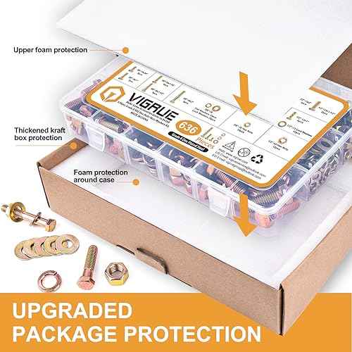 VIGRUE 636PCS Grade 8 Bolt Assortment Kit, 1/4-20, 5/16-18, 3/8-16, 1/2-13 Heavy Duty SAE Bolts and Nuts Washers Kit