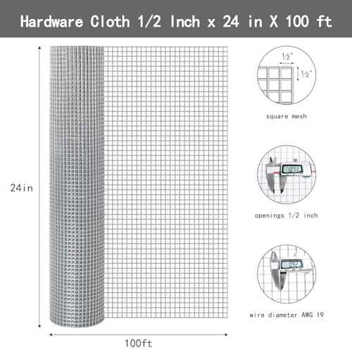 Thinkahead Hardware Cloth 1/2 inch 24 X 100 ft 19 Gauge, Galvanized Wire Mesh Roll, Welded Wire Fencing, Hardware Cloth for Chicken Coop Wire, Rabbit Cage Wire