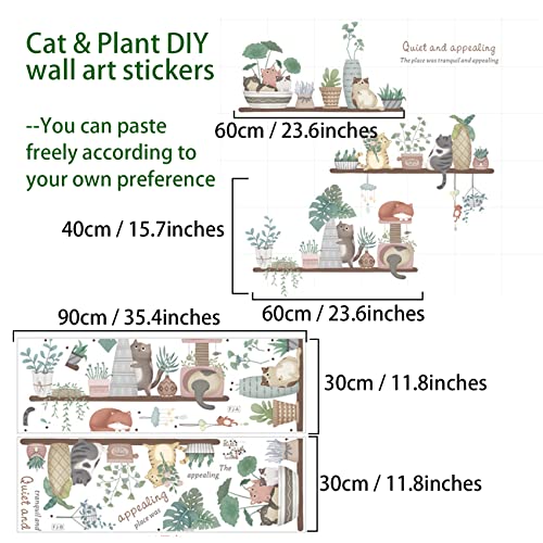 Cute Cat Stickers and Potted Plant Wall Stickers, Watercolour Removable Wall Stickers for Cat Flowerpots and Plant Leaves, Self-adhesive Vinyl Art Decor Murals for Children Babies Living Room TV
