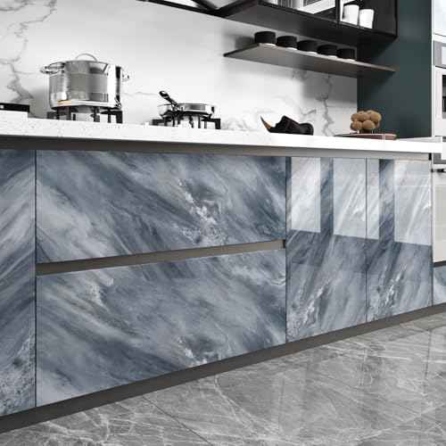 Peel and Stick Backsplash for Kitchen Marble Contact Paper for Cabinets Glossy Grey/Blue Wallpaper Peel and Stick Modern Self Adhesive Wall Paper for Kitchen Bathroom Countertops Waterproof