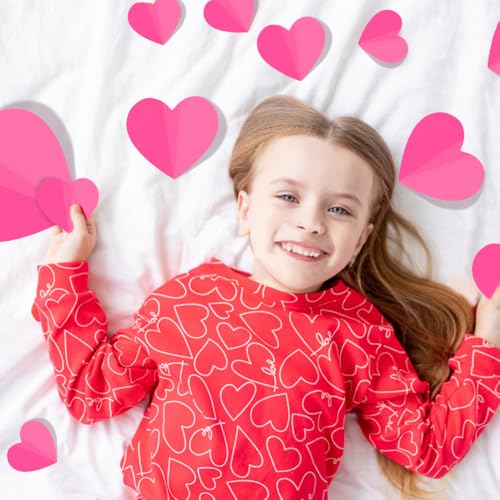 JOICEE 100 PCS 3D Pink Heart Valentine Day Wall Stickers,Waterproof Removable Love Heart Wall Decorations for Bedroom Wedding Anniversary Party Holiday Decor,4 Different Sizes