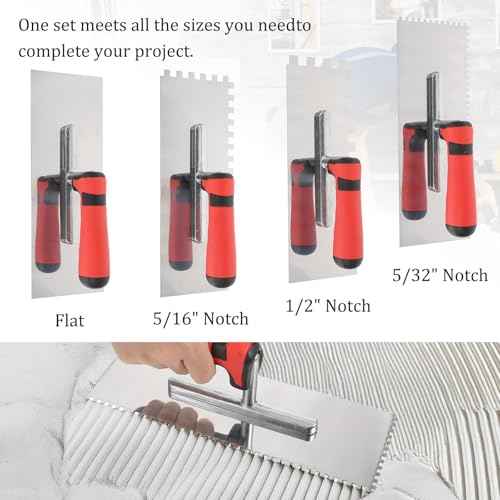 4 PcsTile Tools Stainless Steel Square Notched Trowel Set (Notch Size: 5/32" & 5/16" & 1/2") Masonry Hand Kit for Wall Floor Tiling Installation