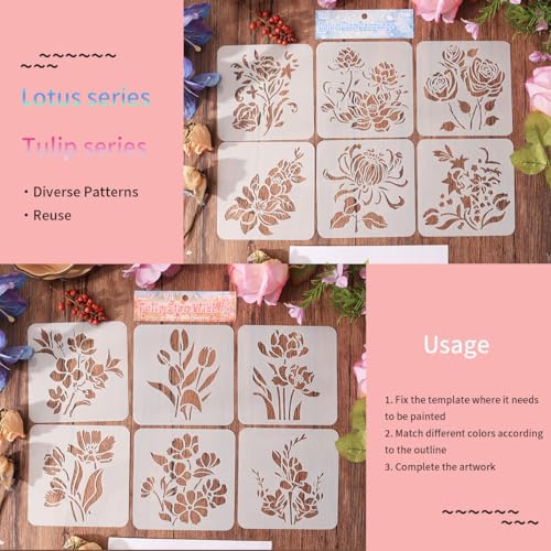 12PCS Flower Stencils, Rose Lotus and Tulip Pattern Wall Stencils for Painting, Floral Stencils for Crafts Reusable Drawing Aids