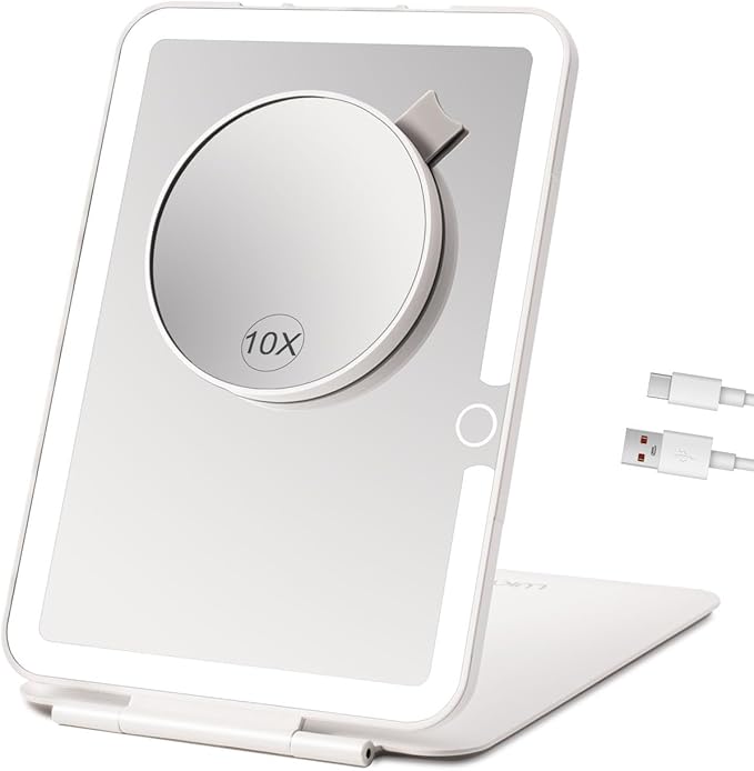 Rechargeable Travel Makeup Mirror with Lights, Portable Lighted Vanity 10X Magnification, 70 LEDs 3 Color Dimmable Touch Screen, Tabletop Folding Compact Cosmetic (White With 2000mah Battery)