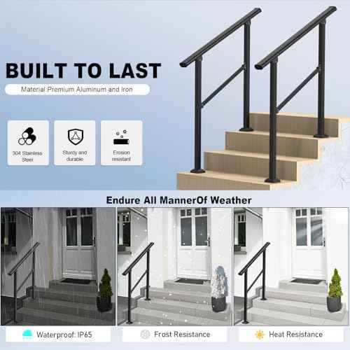 Outdoor Handrails for 2-3 Steps, Stair Railing Kit for Concrete & Porch Steps, Adjustable Black Iron Hand Rail for Seniors, Easy Installation, Retro Arch Design