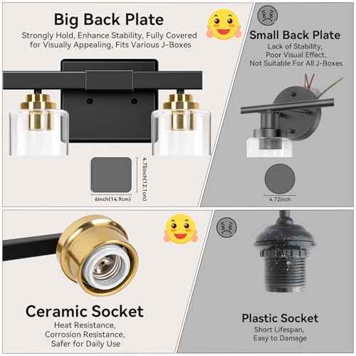 4-Light Bathroom Light Fixtures, 27" Modern Vanity Lights Over Mirror with Clear Glass Shades, Black & Gold Wall Sconce, Classic Wall Light Fixture for Mirror Living Room Cabinet Bedroom Porch Kitchen