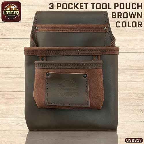Graintex OS2317 3 Pocket Nail & Tool Pouch Top Grain Oil Tanned Leather for Framers, Constructors, Electricians, Plumbers, Handyman Brown