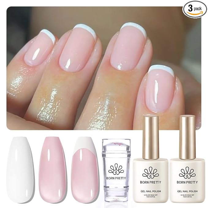 Born Pretty French Manicure Kit, Nail Stamper and 2Pcs Gel Nail Polish, Include Jelly Milky Pink White Colors for French Tip, U V Light Cure