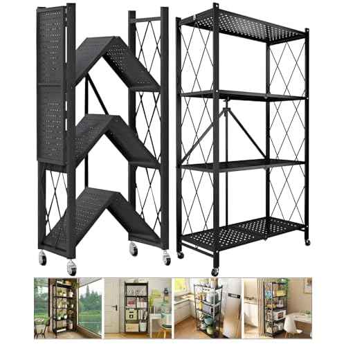 4-Tire Storage Shelves Organizer, Foldable Metal Garage Shelving, Portable Closet Shelving Unit, 28" x 13" x 48" Kitchen Bakers Rack Microwave Stand on Wheels (Tiered Shelf-4)
