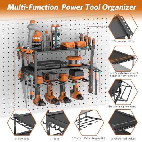Power Tool Organizer Wall Mount, Drill Holder, Organizers and Storage for Workshop, Garage, Heavy Duty Metal Rack, 4 Drill Holders, 3 Layers, Black