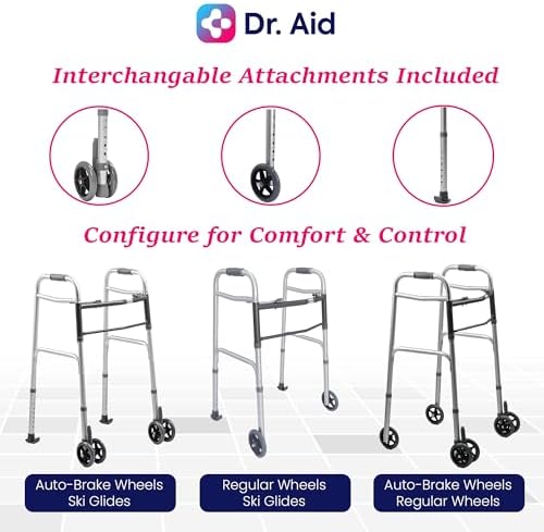 Dr. Aid Premium Folding Walker with Wheels, 5" Auto Brake Double Front Wheel Walker, Lightweight Walkers for Seniors, Durable Aluminum Frame, Adjustable Height, Supports Up to 400lbs, Aluminum Gray