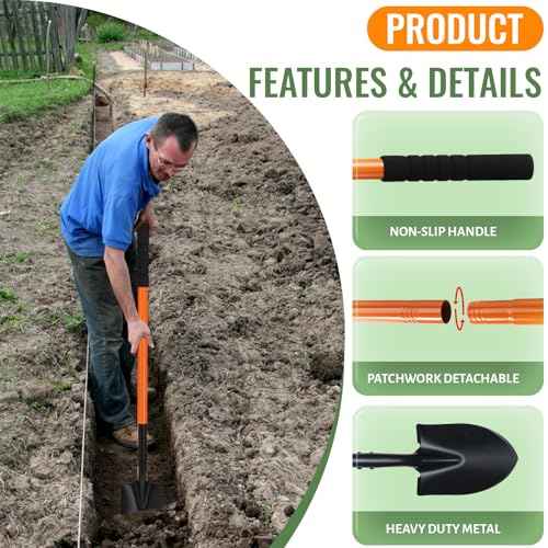 Small Shovels for Digging, Garden Spade Shovel Beach Shovels with 43.3in Handle,Heavy Duty Portable Metal Shovel for Gardening Camping Trenching Digging Landscaping,Off-Road Use, Orange