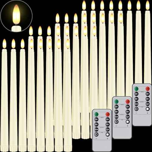 32 Pcs Flameless Taper Candles with Remote Timer, 11 inches Flickering Taper Candles Battery Operated, Ivory Plastic Long LED Candlesticks for Wedding Christmas Home Party Decor