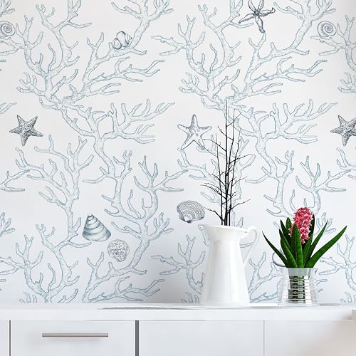 Dviolet Peel and Stick Wallpaper - White and Light Blue Contact Paper - Coral/Seashell/Starfish Pattern - Removable Wallpaper for Kids Room - 17.3"X 118"