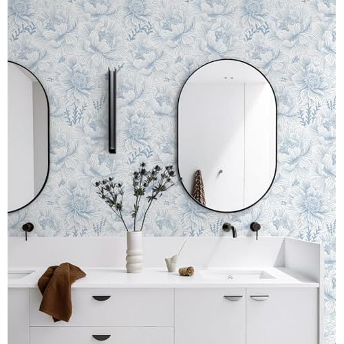 Guvana Peel and Stick Wallpaper Blue Floral Contact Paper Boho Wallpaper Modern Large Blue Flower Wall Paper for Bathroom Bedroom Living Room Accent Wall Removable Waterproof Vinyl Rolls 17.3in¡¿78.7in