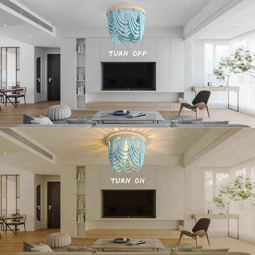 Bohemian Beaded Chandelier - 3 Shallow Wood Beads Ceiling Light for Nursery and Bedroom (Blue)