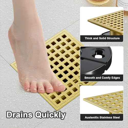 Brushed Gold Shower Drain 4-1/4 Inch - Square Shower Floor Drain Kit with ABS Flange for 2" or 3" Pipe, Drain with Hair Strainer,Removable Strainer Cover,SUS304 Stainless Steel & CUPC Certified