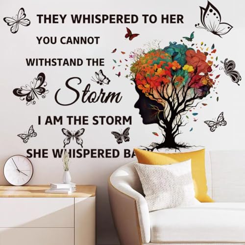 Inspirational Wall Decal Quotes They Whispered to Her You Cannot Withstand Back Tree Wall Sticker Wall Art Positive Sayings Sticker Butterfly Wall Stickers for Women Girls Bedroom Living Room D?cor.