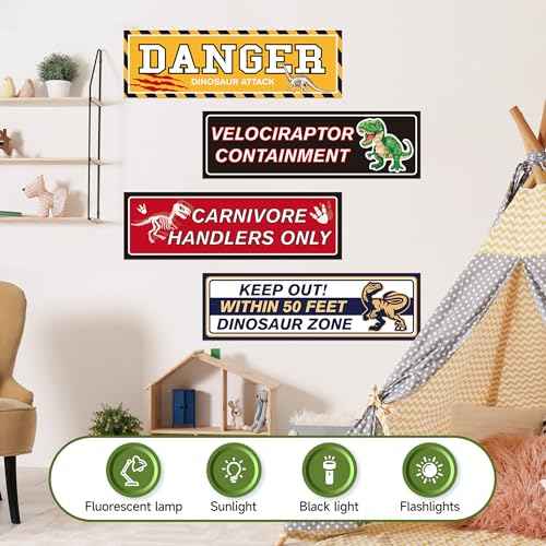 Glow in The Dark Dinosaur Wall Stickers, Dangerous Dinosaur Attacks Warning Wall Decals for Dino Areas, Velociraptor Fence Warning Ceiling Decor, Boys Kids Bedroom Home School Nursery Party Supplies