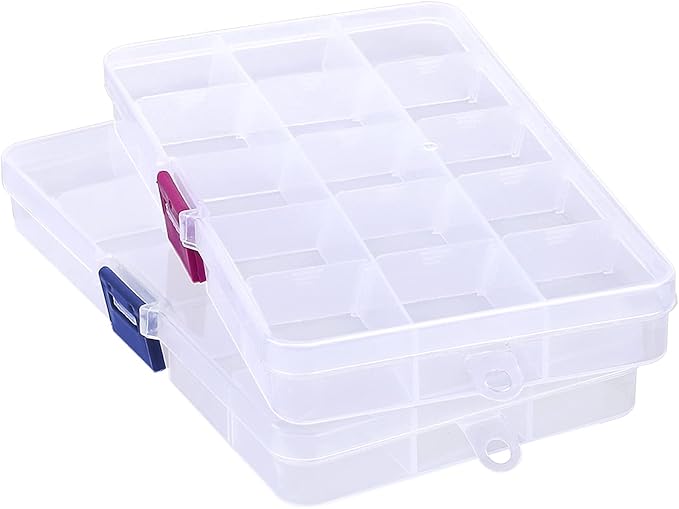 Bead Organizer Box, 2PCS 15 Compartment Craft Storage Container with Removable Divider, Plastic Empty Case for Jewelry Rhinestone Charms Crystal Press On Fake Nail, Hair Stuff Small Accessory