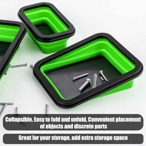 3pcs Collapsible Magnetic Parts Tray, 3 Sizes Magnetic Foldable Tray Insulating Silicone Magnetic Tool Tray for Mechanic's Folding Bowl & Magnetic Base for Bolts Screws Nuts Gaskets (Green)