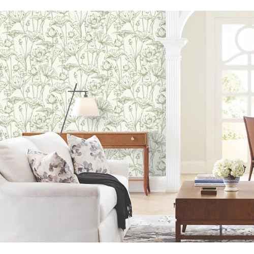 Vinjiasin Peel and Stick Wallpaper Green Floral Contact Paper Boho Modern Lotus Wall Paper for Bedroom Bathroom Living Room Self Adhesive Removable Flower Leaf 17.3"x 78.7"