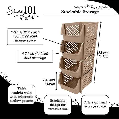 Plastic Stackable Storage Bins - 4pc Tan Closet Organizer Bins 28in Tall Big Plastic Boxes for Home and Kitchen