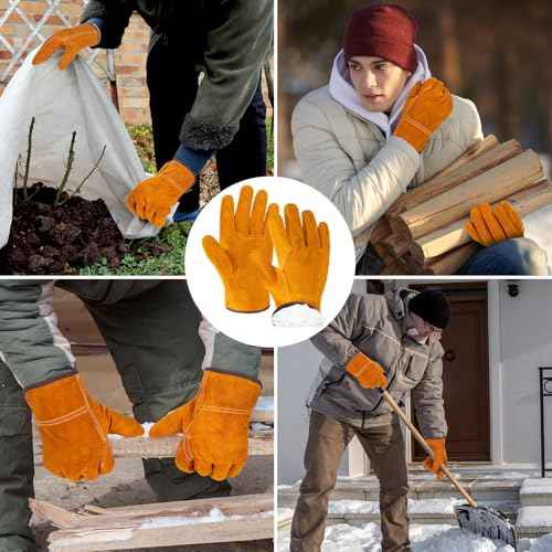 Lasnten 6 Pairs Winter Cowhide Leather Work Gloves Thick Thermal Imitation Lambswool Extra Grip Flexible Warm for Working in Cold Weather for Men