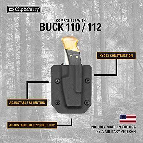 Clip & Carry Kydex Sheath for The Buck 110 & Buck 112 Pocket Knife - Made in USA - Belt Holster Case - Carbon Fiber Black