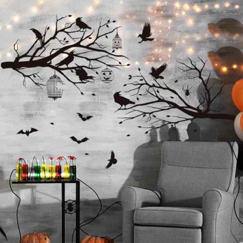 Halloween Wall Decals Black Tree Branch Wall Stickers Gothic Crow Stickers Mural Halloween Party Decorations Peel and Stick Wall Art for Bedroom Living Room