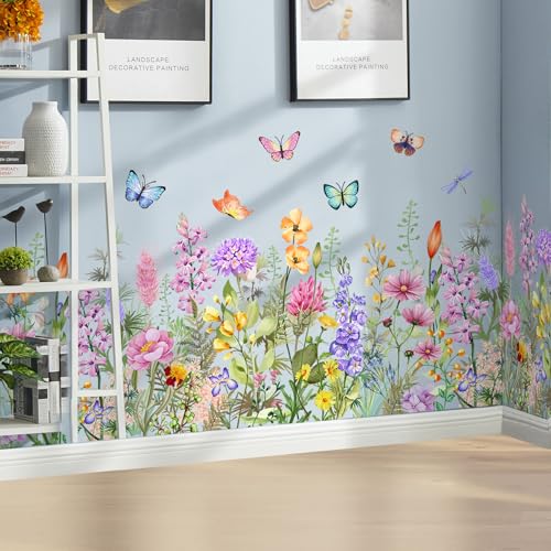 Floral Plants Grass Wall Stickers Colorful Butterfly Flower Wall Decals Wildflower Garden Wall Murals Peel and Stick Girls Bedroom Classroom Vinyl Wall Decals MS3167