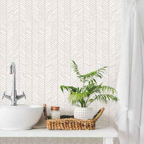 MelunMer 118" L 17.3" WBeige Modern Peel and Stick Wallpaper Boho Contact Paper for Cabinets Beige Stripe Contact Paper Line Self-Adhesive Removable Wallpaper for Bathroom Bedroom Liner Easy to Use