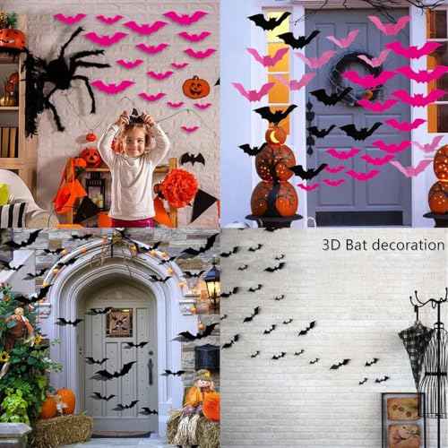 48 Pcs 3D Bats Wall Decals - Removable Rose Pink & Black Designs DIY Halloween Decorations for Party Indoor Home Kitchen Bedroom