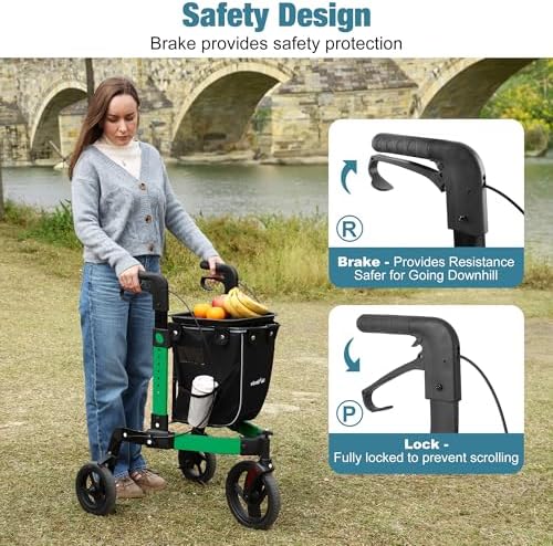 3 Wheel Rollator Walker, Walkers for Seniors, Rollator Walker Lightweight Foldable, with Tray and Large Storage Bag, 10 Inch Front Wheel for All Terrain, Green