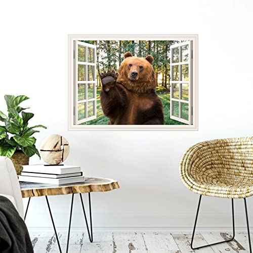 Bear Wall Sticker Decal Peel and Stick Brown Bear Window View Wall Mural Sticker for Bedroom Living Room Kids Boys Room Dorm Decor