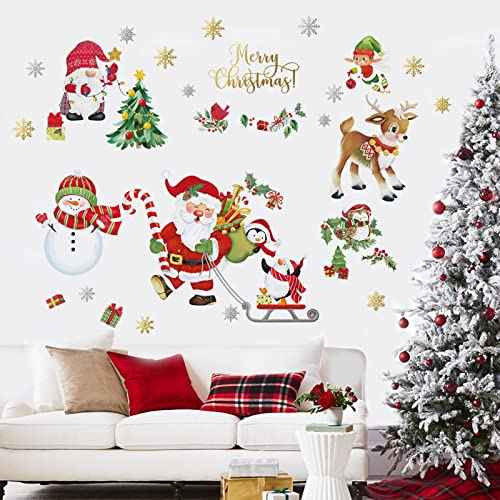 decalmile Christmas Window Wall Decals Santa Claus Elk Wall Stickers Snowman Snowflake Winter Penguin Window Clings Kids Room Home Party Shop Decorations