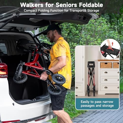 Walkers for Seniors, Rollator Walker with Seat, 8" Rubber Wheels All Terrain Rollator Walker with Backrest, Aluminum Walkers Built-in Cable, Foldable and Adjustable Height for Seniors, Red
