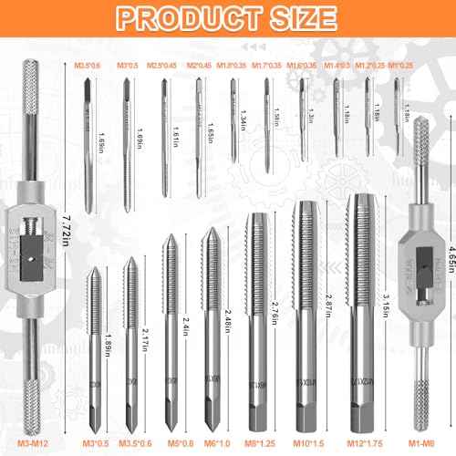Metric Tap Set 19Pcs, Tap and Die Set, Hand Screw Thread Taps Set, Mini Metric Plug Tap Screw Tap Drill Tap Drill Set Tapping tool M1-M3.5 M4 M5 M6 M8 M10 M12 with 2 Adjustable Tap Wrench Tool