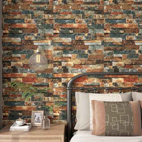 FunStick Vintage Faux Brick Wallpaper Peel and Stick 3D Textured Squares Brown Red Blue Brick Wall Paper Roll for Kitchen Bedroom Waterproof Brick Contact Paper for Walls Fireplace Removable 15.8"x80"